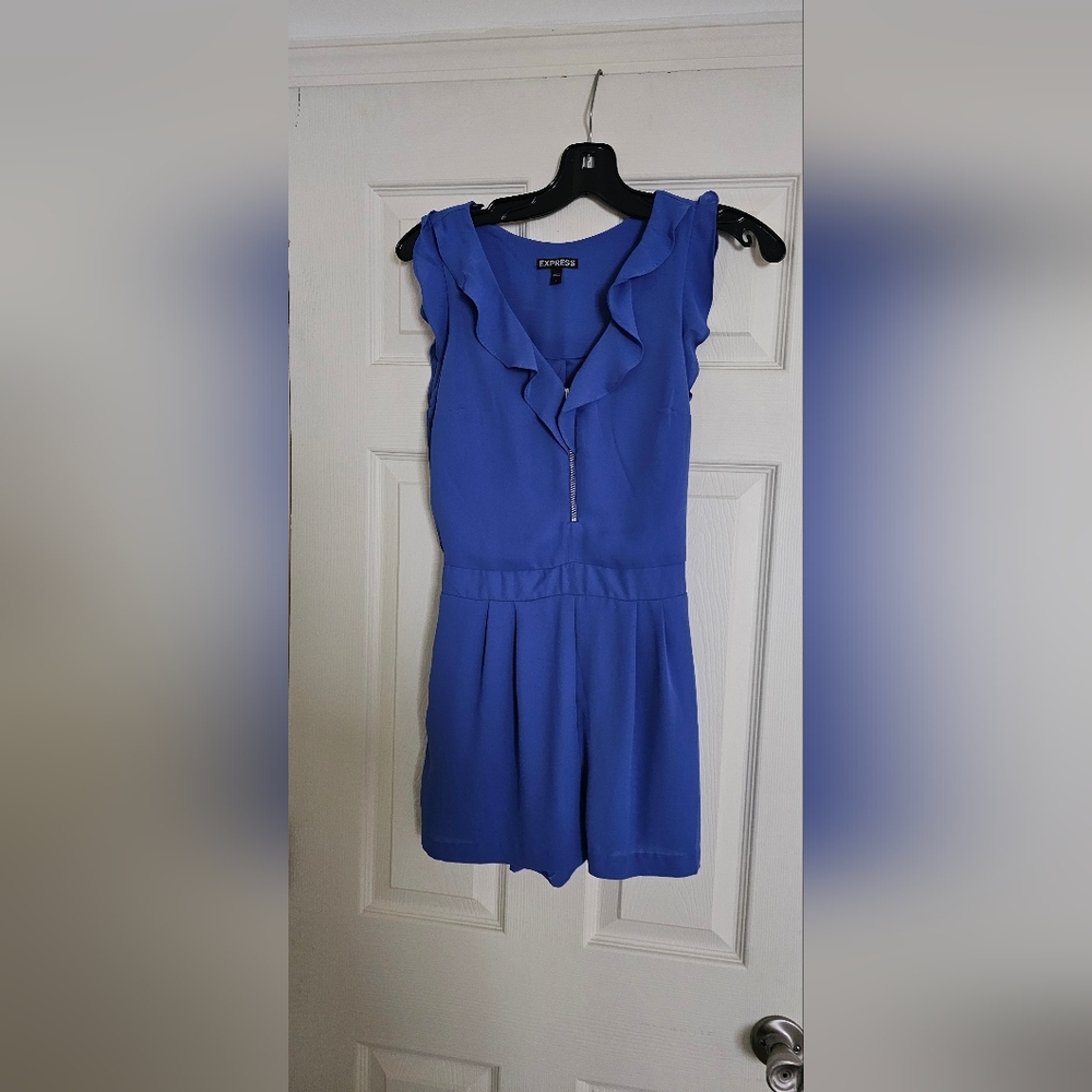 Express Blue Ruffle V Neckline Romper